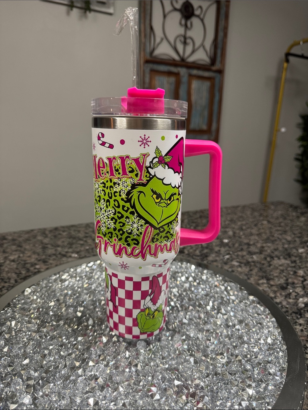 Pink Grinchmas Holiday Travel Mug with Handle like new
